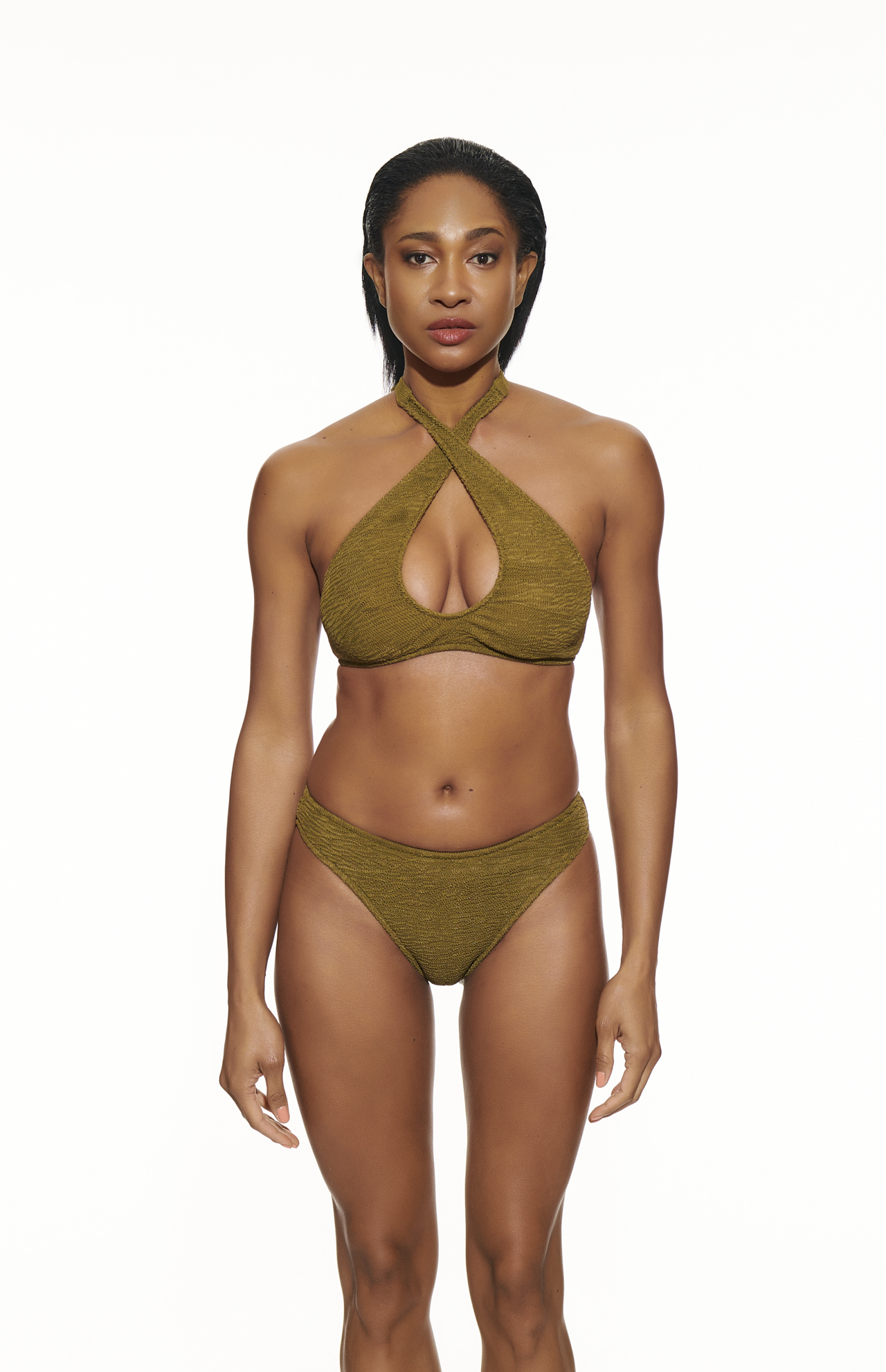 Positano Criss Cross Halter Crinckle Bikini Set In Jungle Green